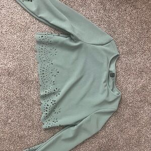 SHEIN Sage Green Scalloped Laser-Cut Long Sleeve Top